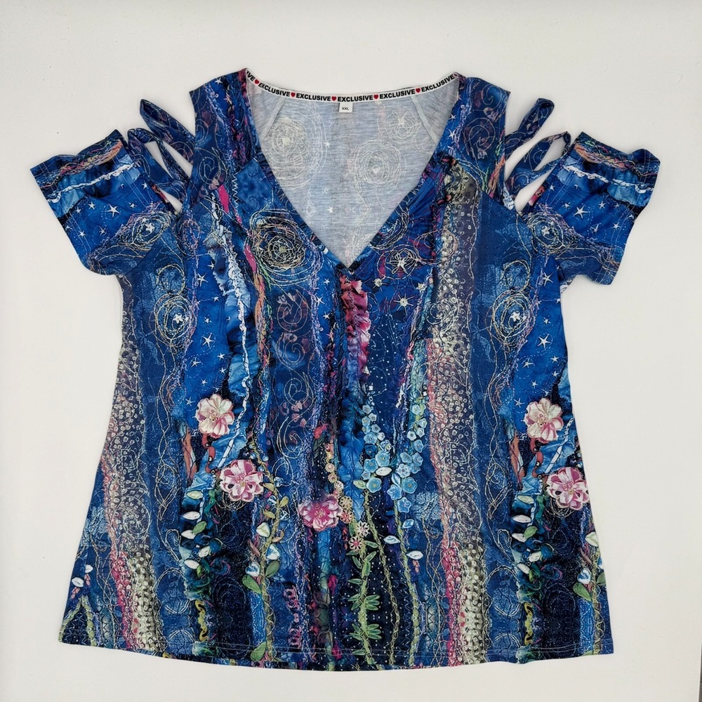 Exclusive Blouse Top Women's 2XL Blue Graphic Floral Cutout Shoulder V Neck